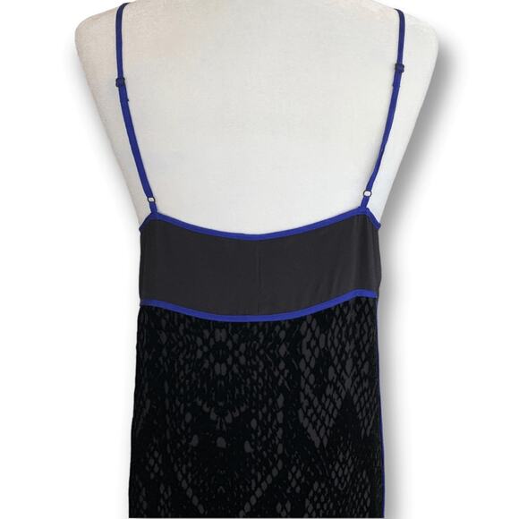 Rebecca Taylor Black Burnout Velvet Snake Print Slip Dress Blue Trim Size 4 - Picture 7 of 11